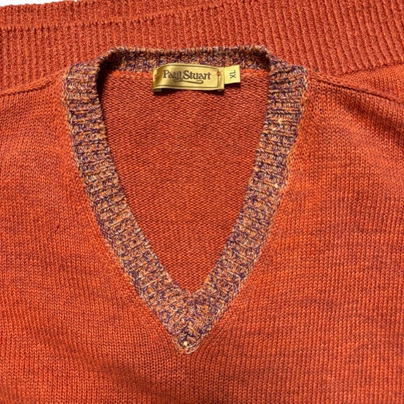 Paul Stuart Men's Orange V-Neck Irish Linen Made in Ireland Sweater Size XL - Picture 3 of 7